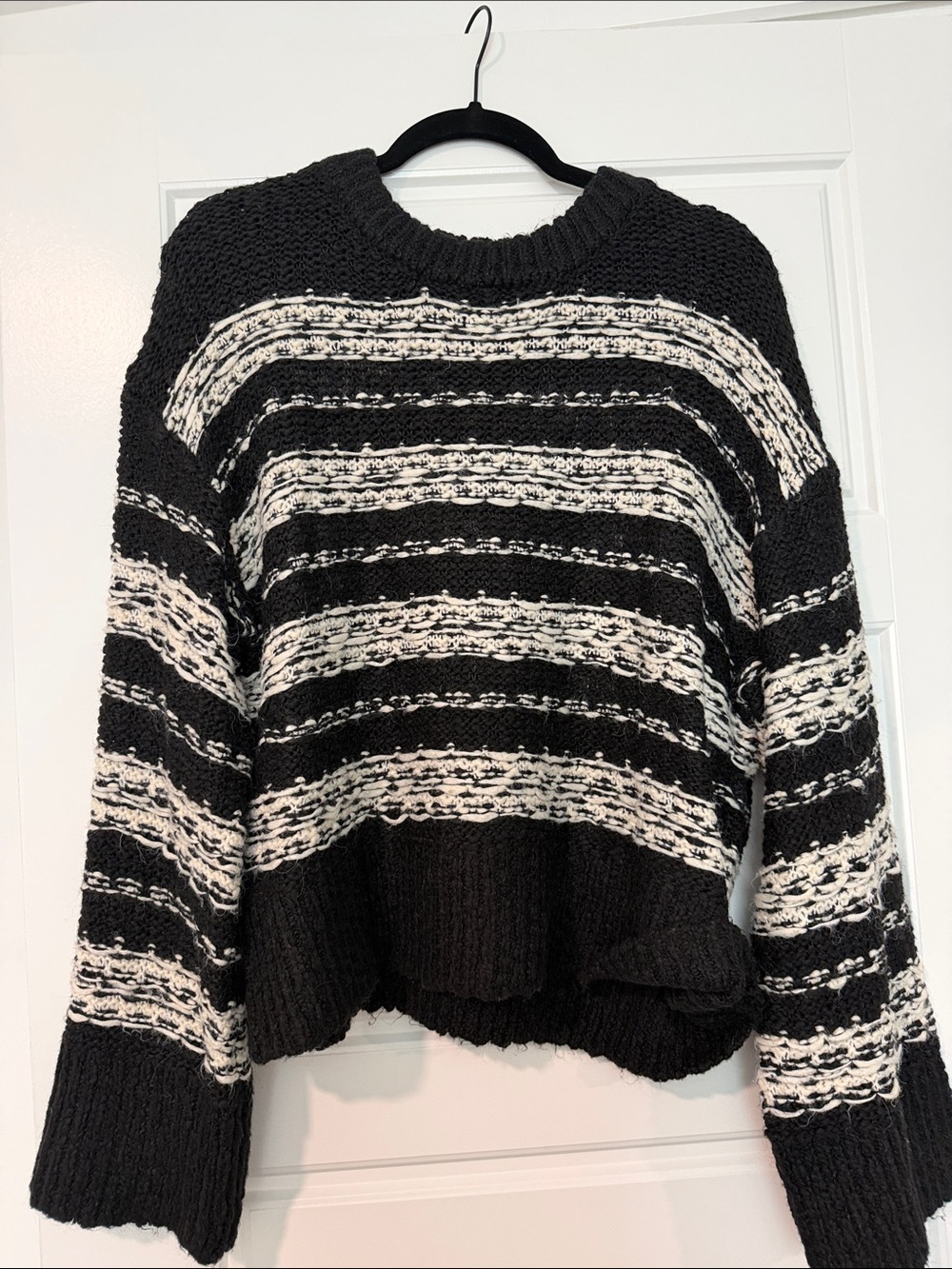 Divided Black and White Striped Chunky Crew Sweater